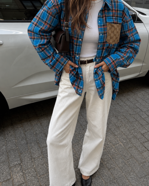 Blue check blouse with pocket | Select the fabric