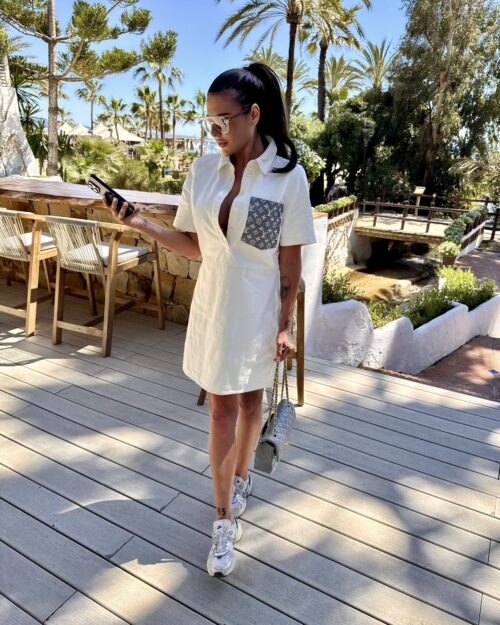 White denim dress with pocket, select the fabric