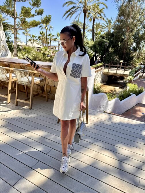 White denim dress with pocket, select the fabric - Image 3