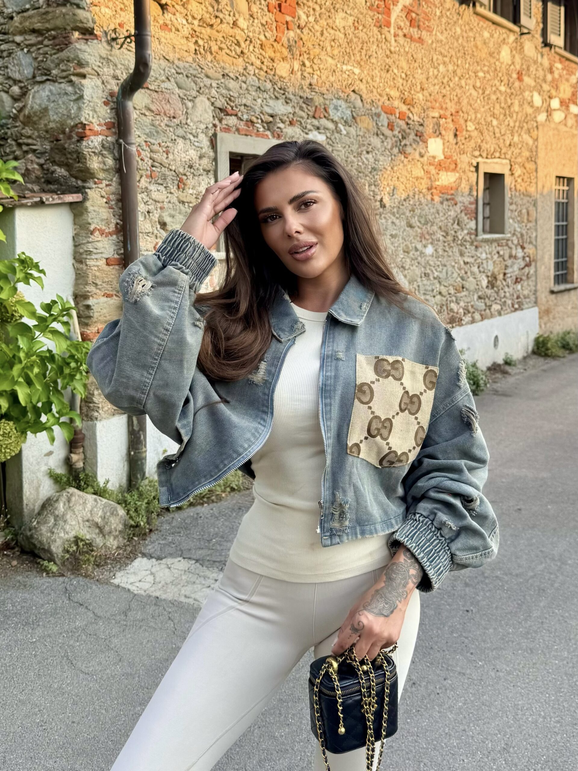 Oversized ripped denim bomber jacket, select the fabric - Image 8