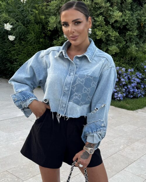 Oversized ripped denim blouse, select the fabric