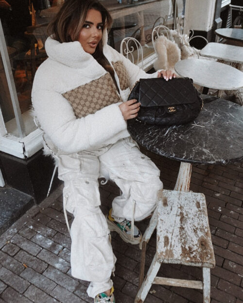 Creme teddy puffer jacket, select the fabric