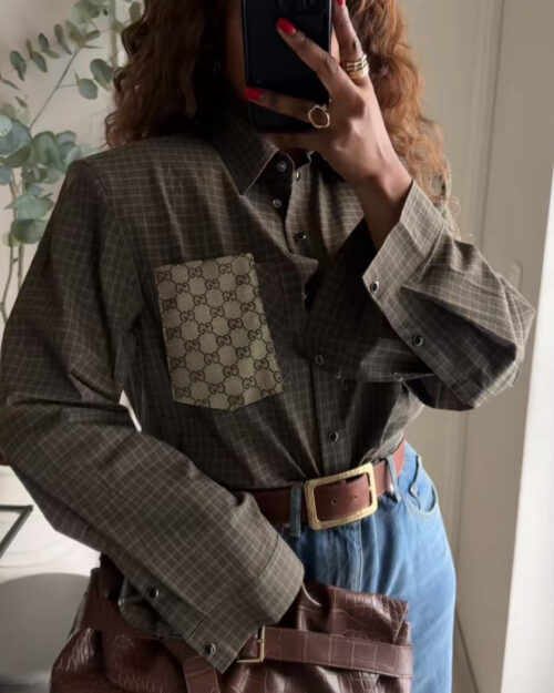 Green checkered blouse with shoulder pads, create yours