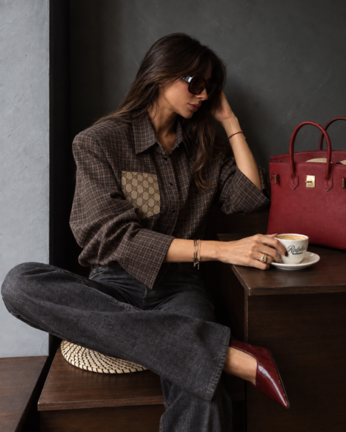 Green checkered blouse with shoulder pads, create yours